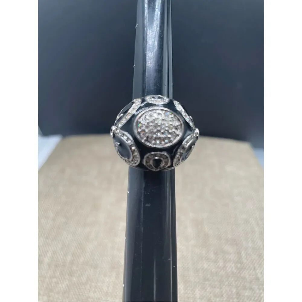 Black and Silver Dome Ring Black Enamel With Crystals in Swirl Patterns Size 6